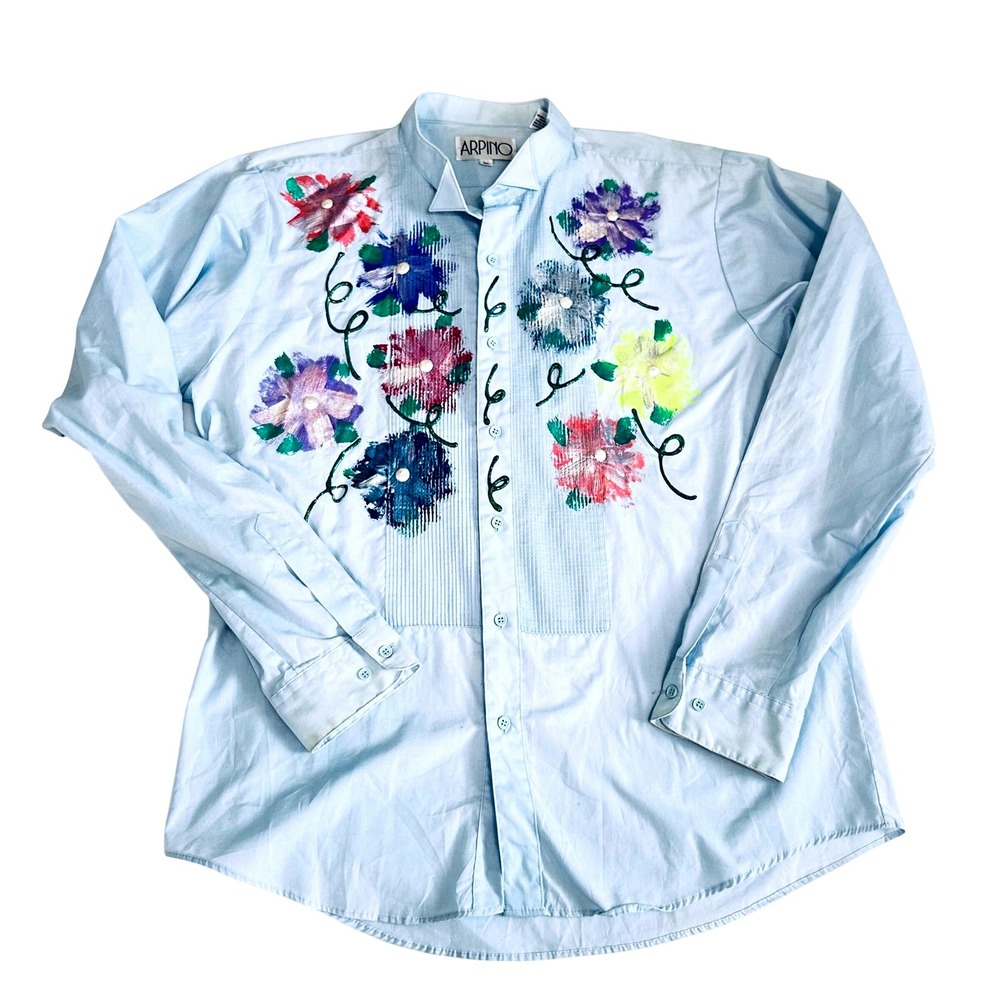 VTG ARPINO women blue tuxedo shirt puff paint floral boho grandma cottage 80s XL